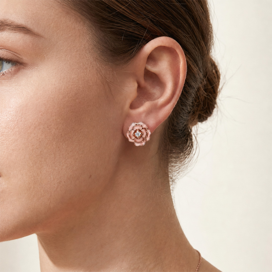 Helloice Enamel Nature Glaze Pink Rose Stud Earrings Helloice Enamel Nature Glaze Pink Rose Stud Earrings