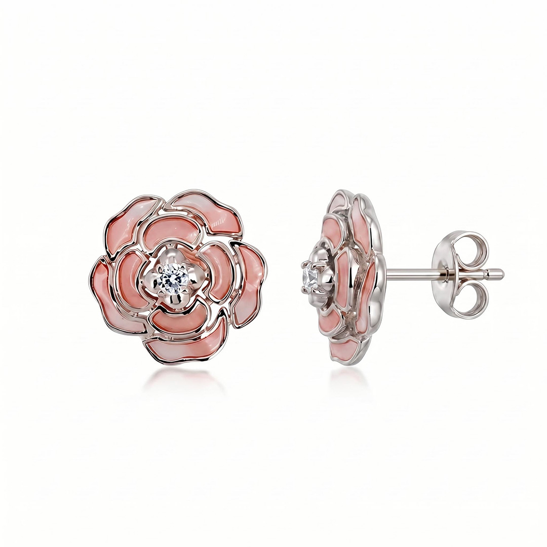 Helloice Enamel Nature Glaze Pink Rose Stud Earrings Helloice Enamel Nature Glaze Pink Rose Stud Earrings
