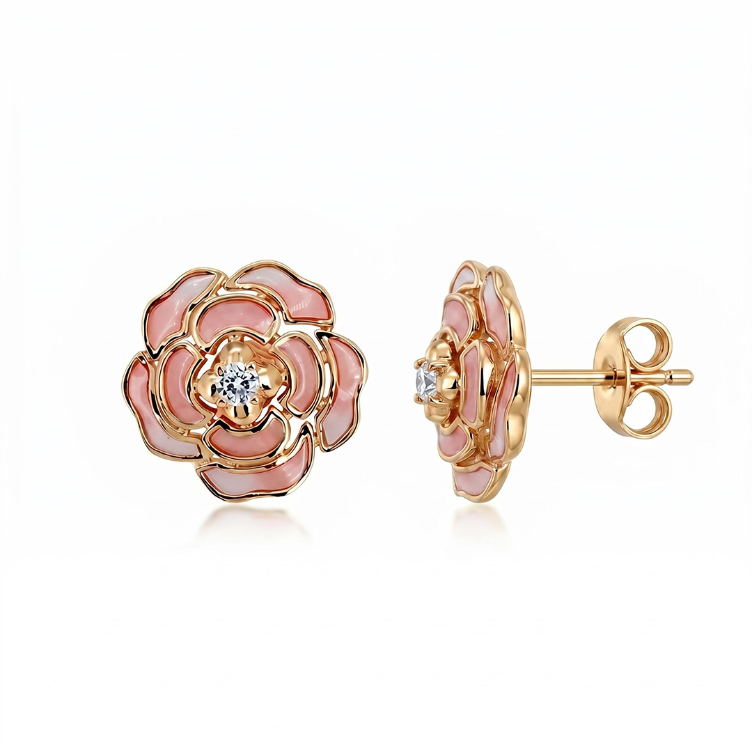 Helloice Enamel Nature Glaze Pink Rose Stud Earrings Helloice Enamel Nature Glaze Pink Rose Stud Earrings