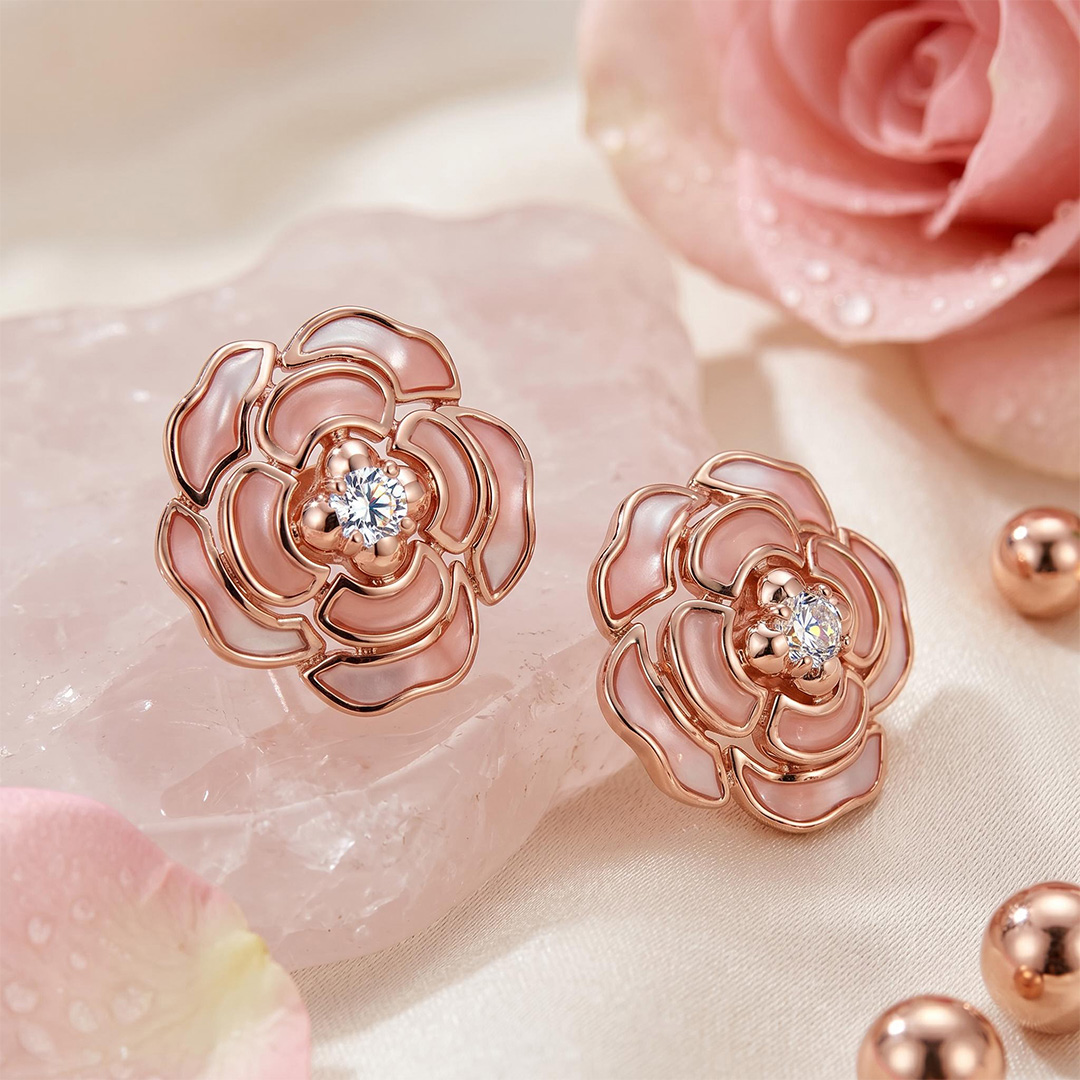 Helloice Enamel Nature Glaze Pink Rose Stud Earrings Helloice Enamel Nature Glaze Pink Rose Stud Earrings