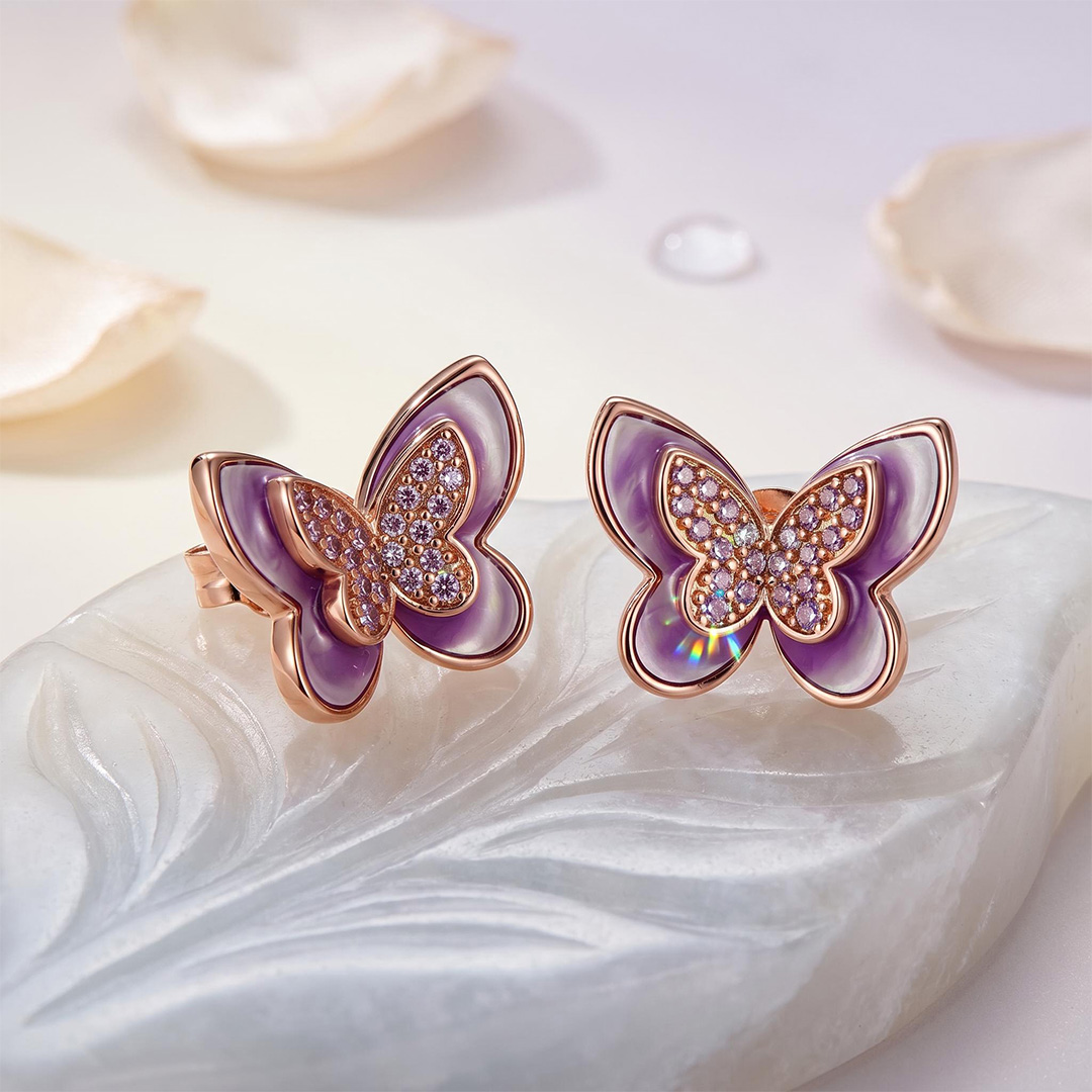 Helloice Enamel Nature Glaze Rose Purple Butterfly Stud Earrings