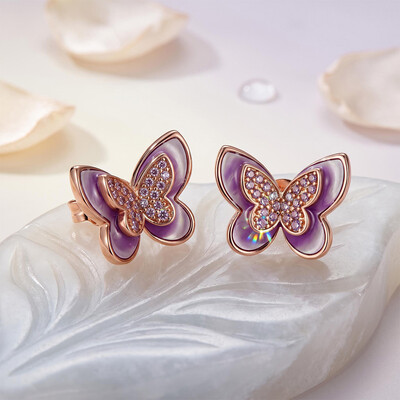 Helloice Enamel Nature Glaze Rose Purple Butterfly Stud Earrings