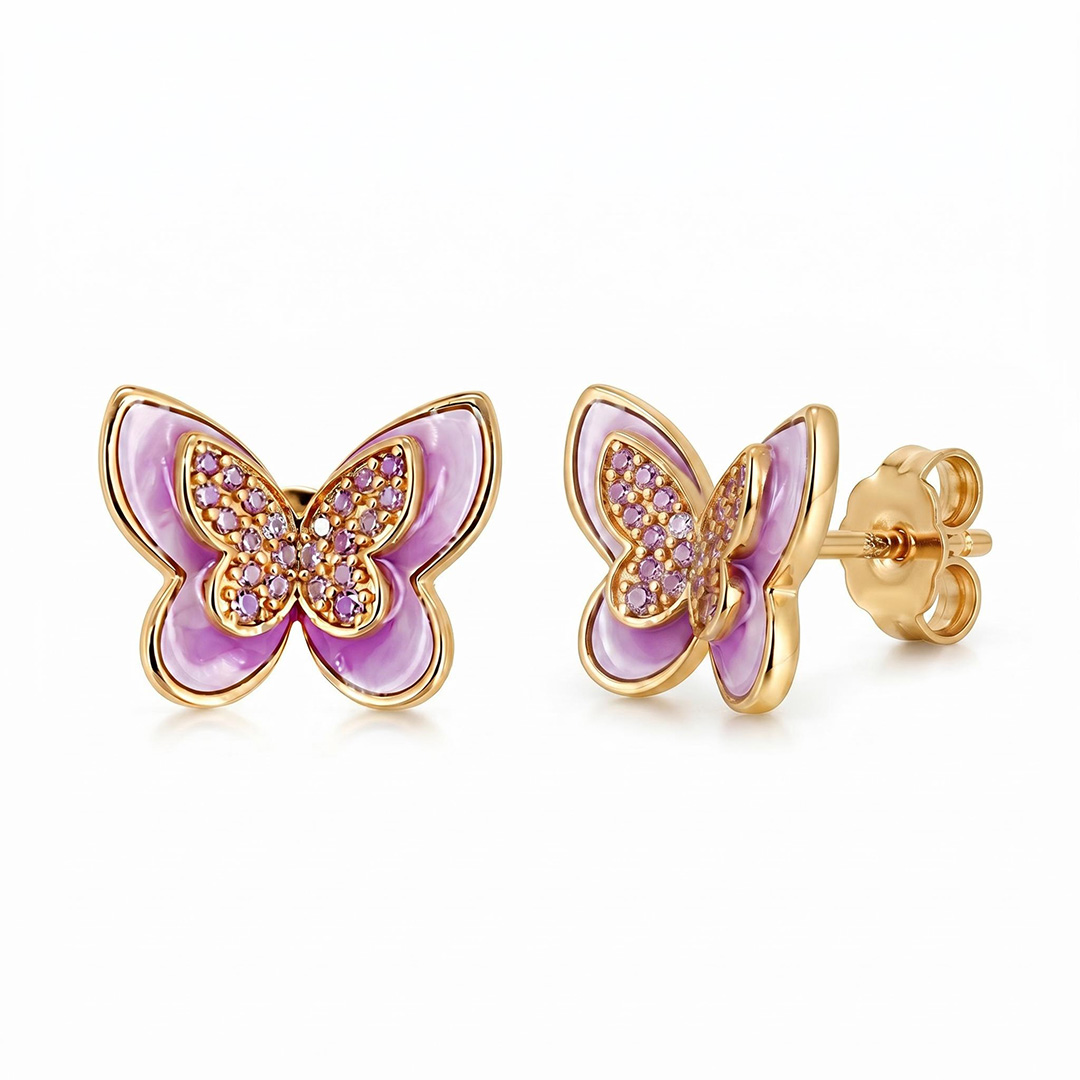 Helloice Enamel Nature Glaze Rose Purple Butterfly Stud Earrings