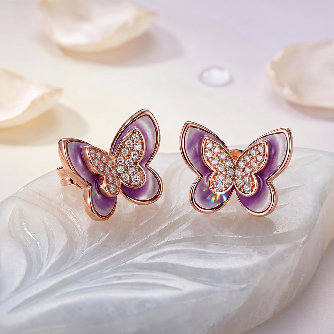 Enamel Nature Glaze Rose Purple Butterfly Stud Earrings Enamel Nature Glaze Rose Purple Butterfly Stud Earrings
