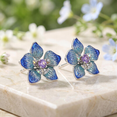 Enamel Nature Glaze Dazzling Blue Five-Petal Flower Stud Earrings