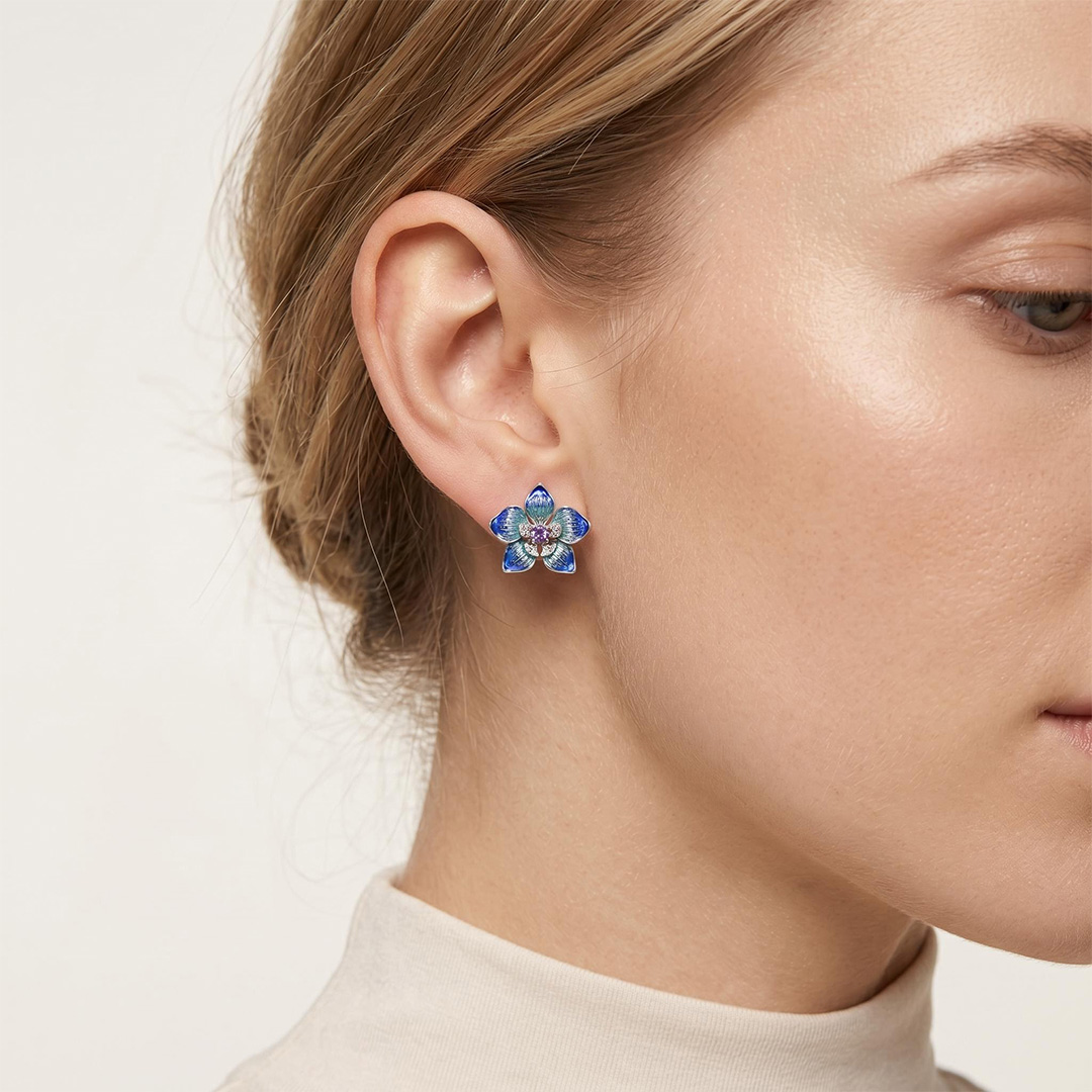 Enamel Nature Glaze Dazzling Blue Five-Petal Flower Stud Earrings
