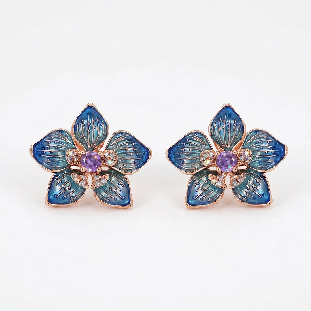Enamel Nature Glaze Dazzling Blue Five-Petal Flower Stud Earrings