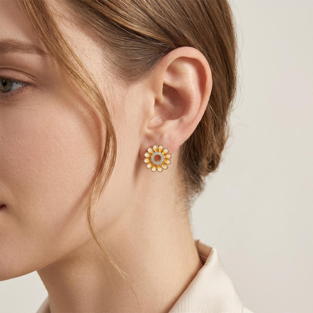 Enamel Nature Glaze Orange Sunflower Stud Earrings