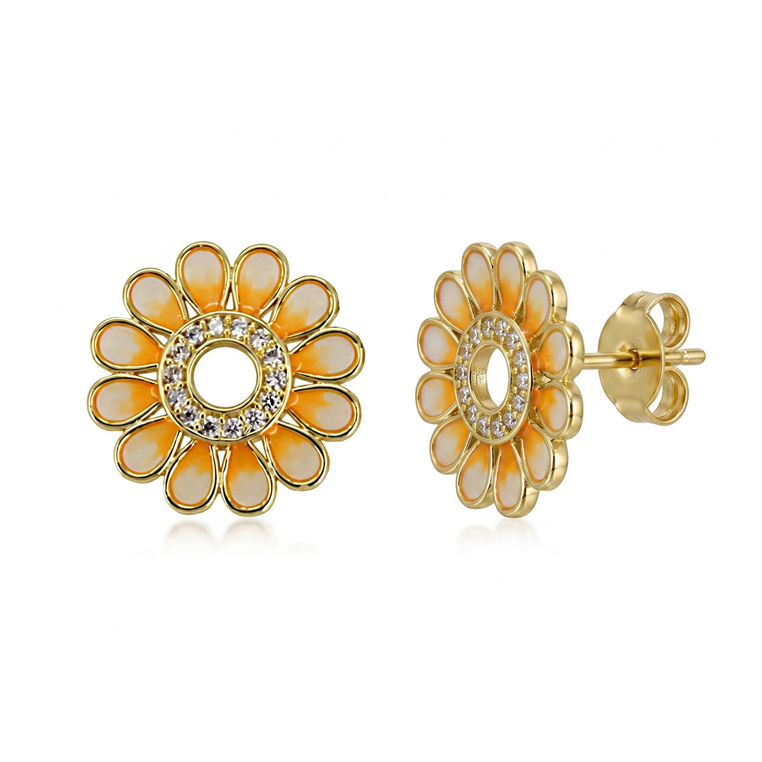 Enamel Nature Glaze Orange Sunflower Stud Earrings