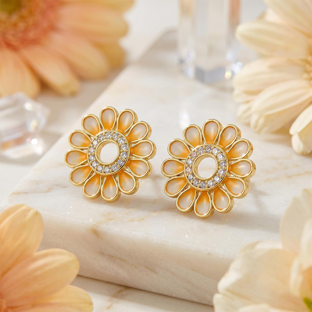 Enamel Nature Glaze Orange Sunflower Stud Earrings