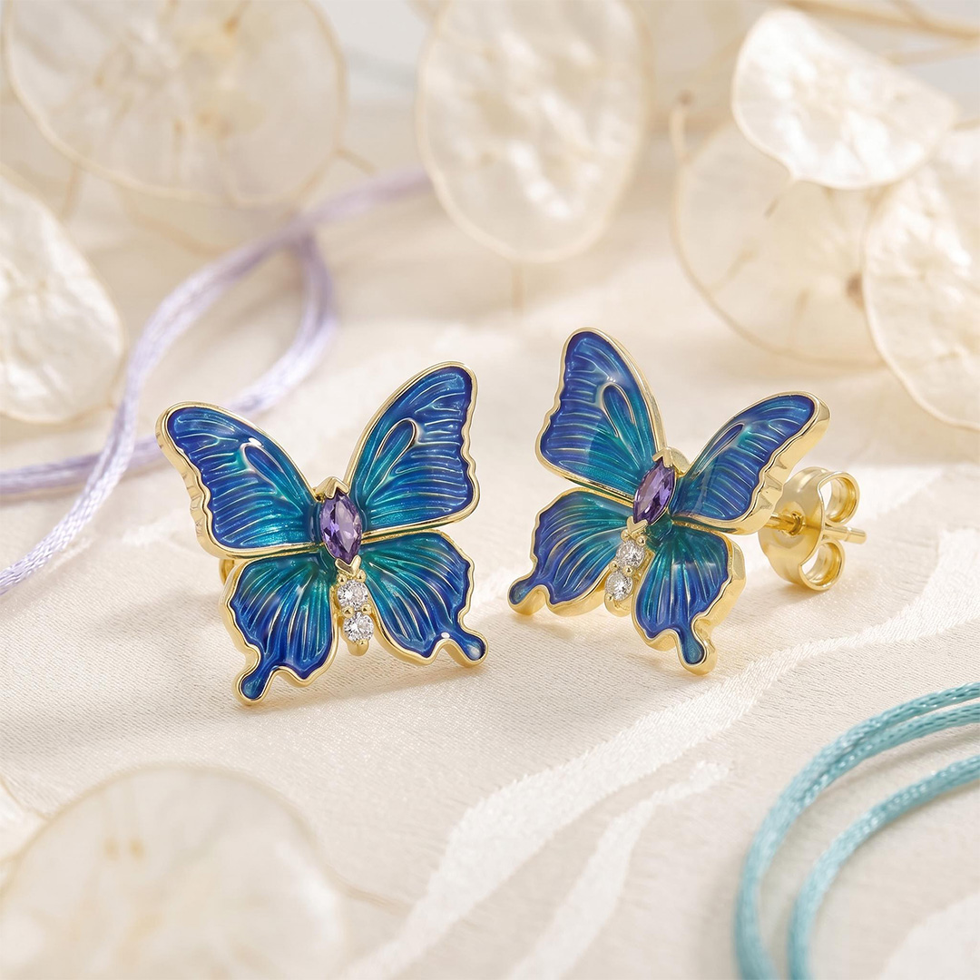 Enamel Nature Glaze Dazzling Blue Butterfly Stud Earrings