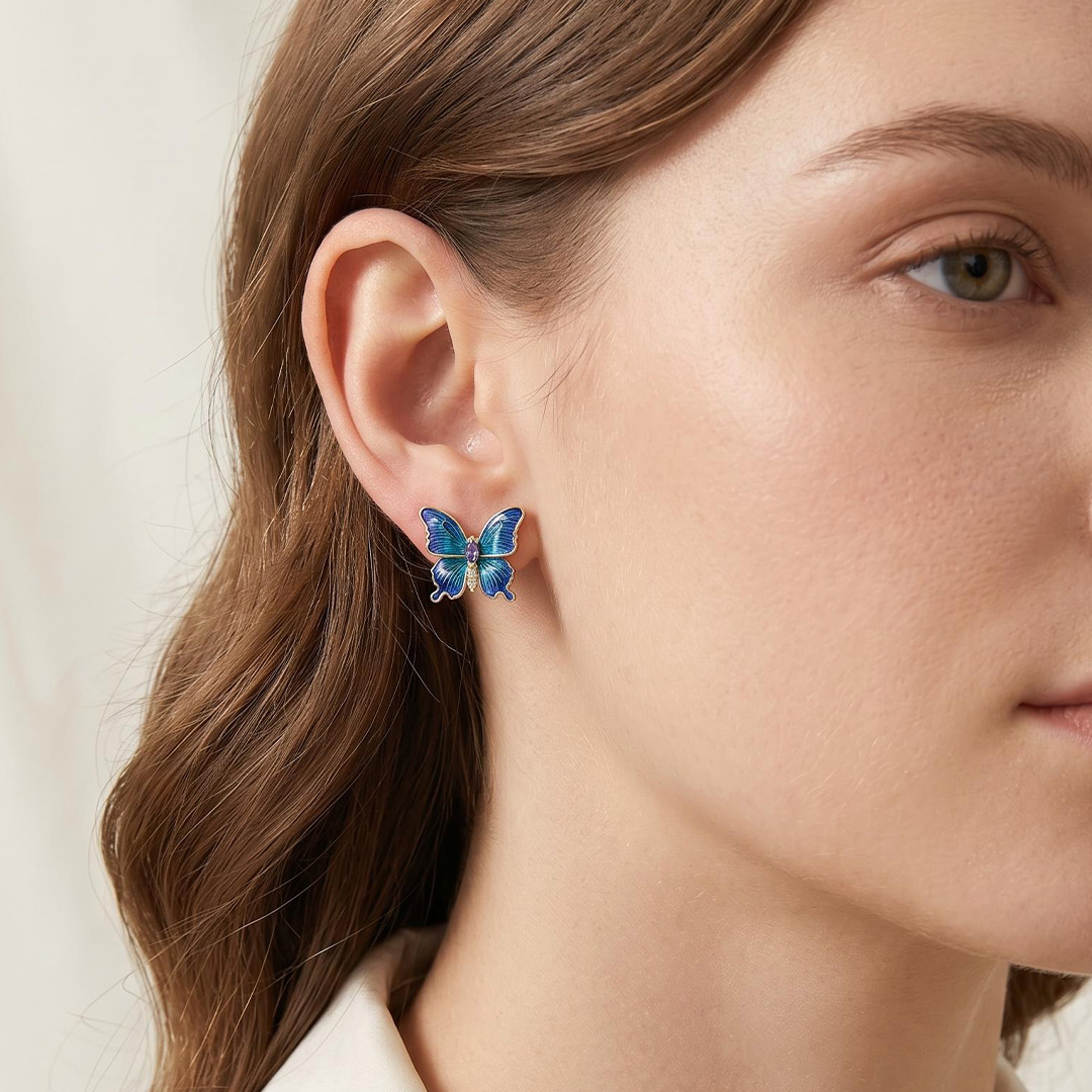 Enamel Nature Glaze Dazzling Blue Butterfly Stud Earrings