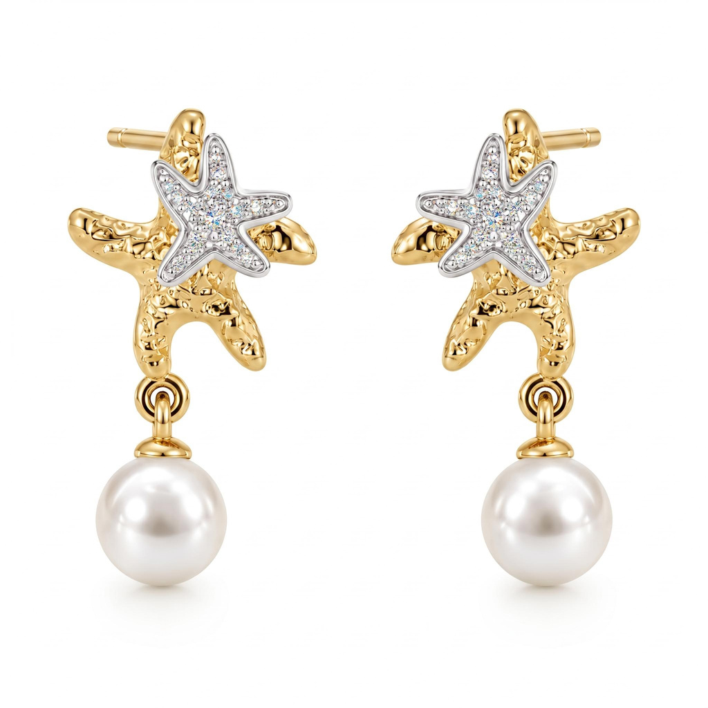 0.06 ct.tw. Two-tone Double Starfish Diamond-encrusted Pearl Earrings