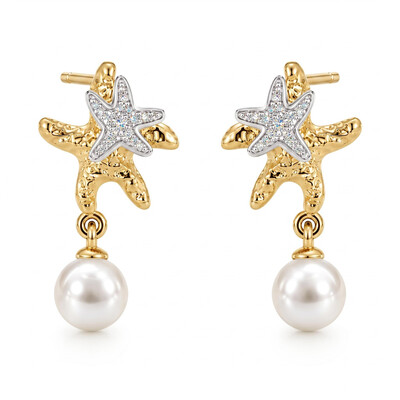 0.06 ct.tw. Two-tone Double Starfish Diamond-encrusted Pearl Earrings