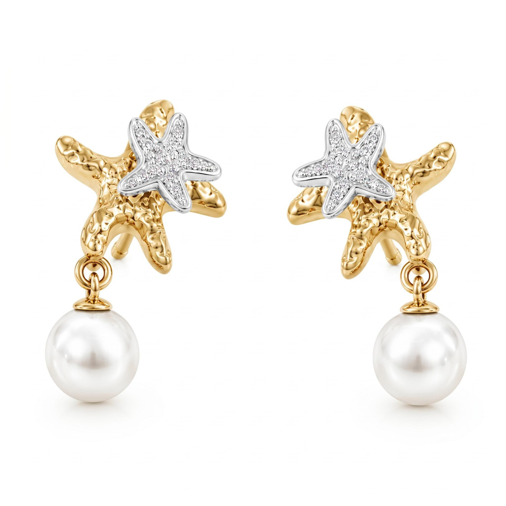 0.06 ct.tw. Two-tone Double Starfish Diamond-encrusted Pearl Earrings
