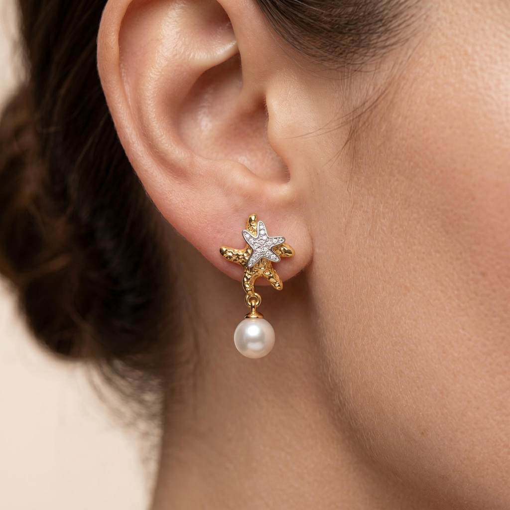 0.06 ct.tw. Two-tone Double Starfish Diamond-encrusted Pearl Earrings