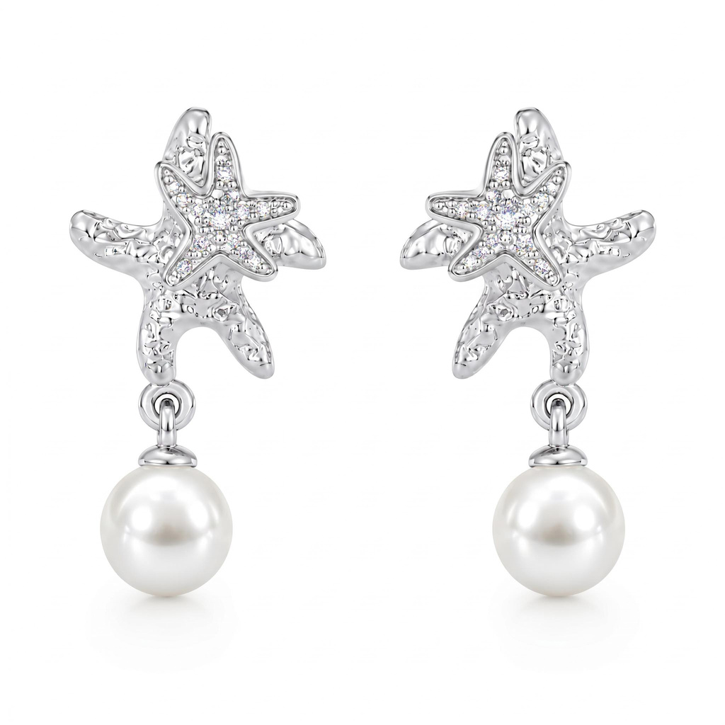 0.06 ct.tw. Two-tone Double Starfish Diamond-encrusted Pearl Earrings