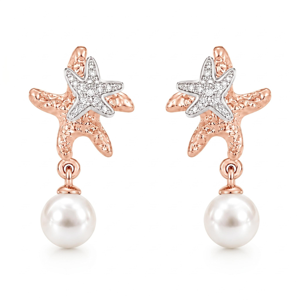 0.06 ct.tw. Two-tone Double Starfish Diamond-encrusted Pearl Earrings