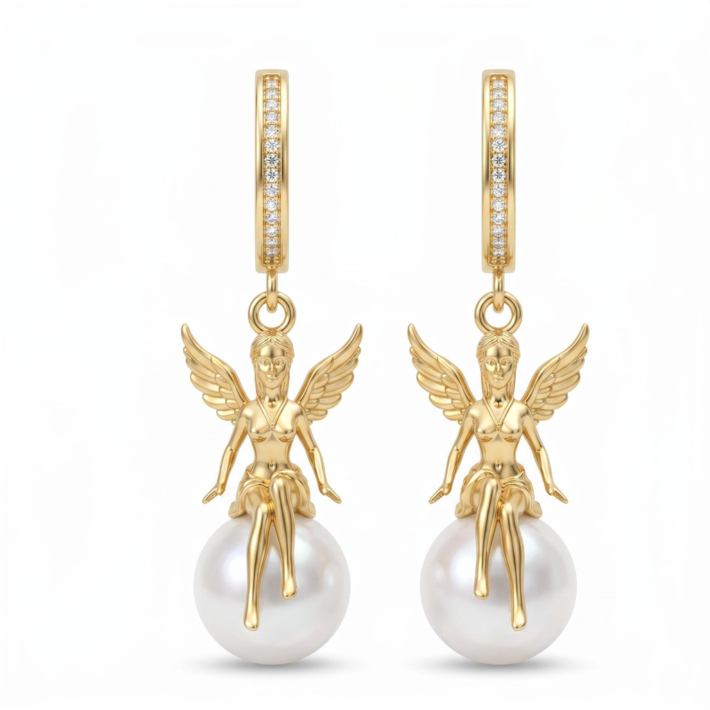0.15 ct.tw. Asymmetrical Seated Angel Pearl Earrings
