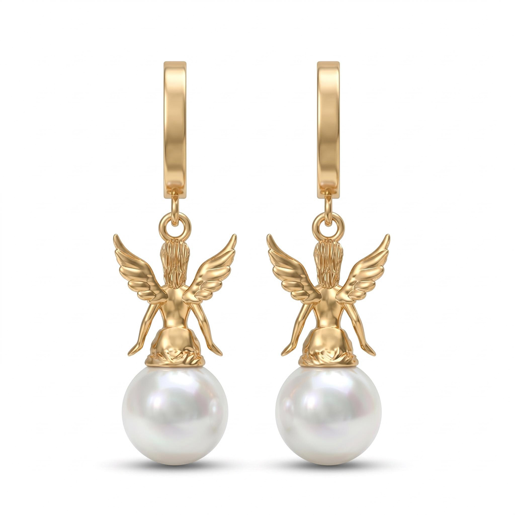 0.15 ct.tw. Asymmetrical Seated Angel Pearl Earrings