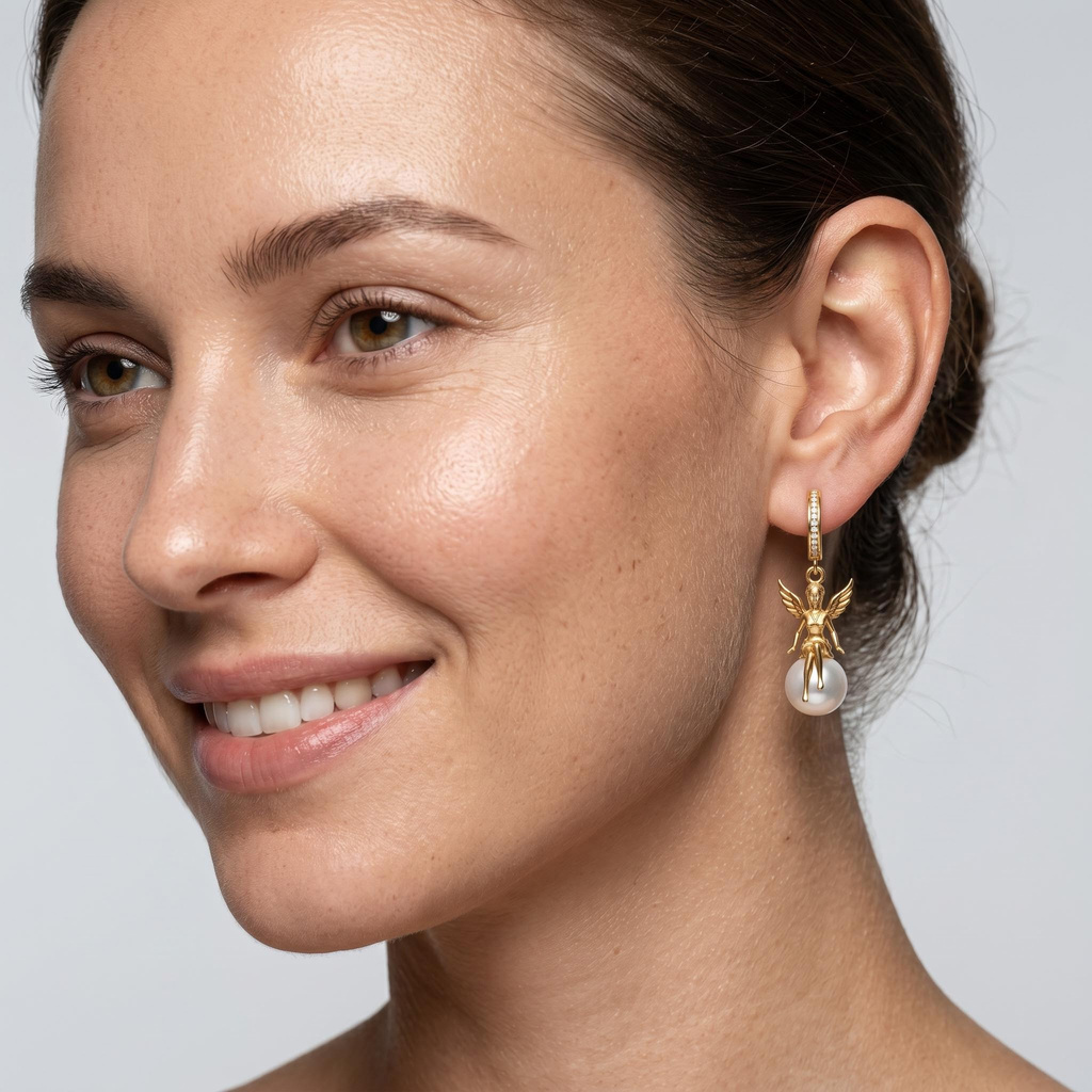 0.15 ct.tw. Asymmetrical Seated Angel Pearl Earrings