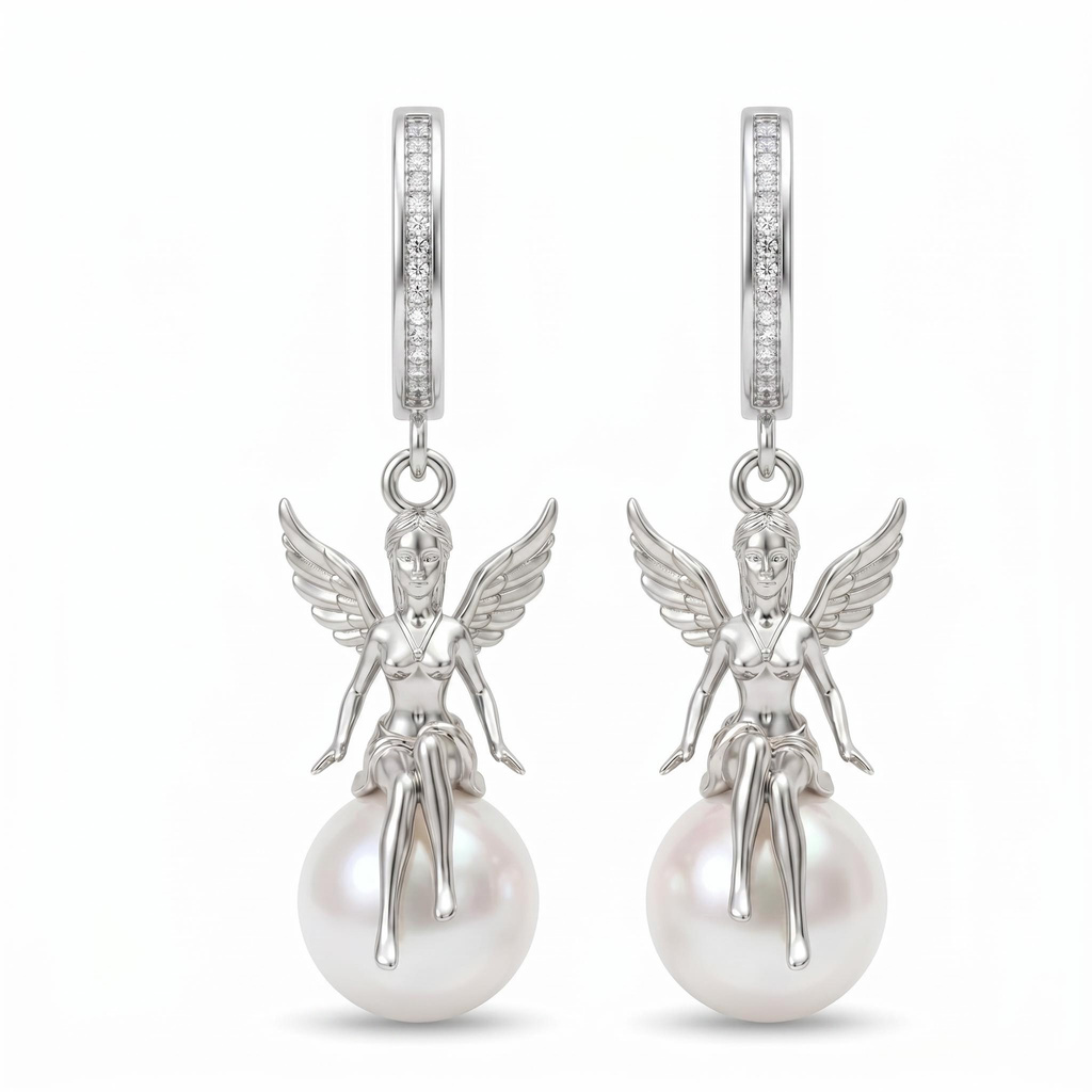 0.15 ct.tw. Asymmetrical Seated Angel Pearl Earrings