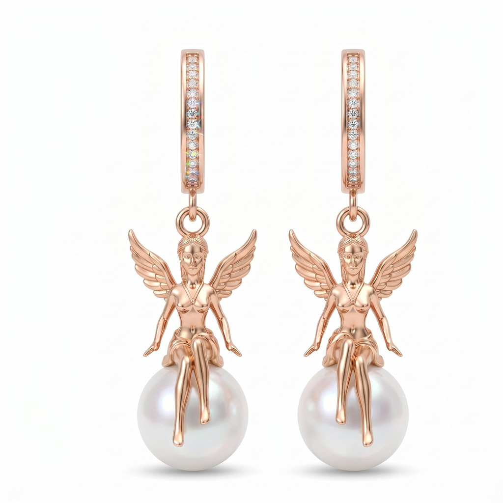 0.15 ct.tw. Asymmetrical Seated Angel Pearl Earrings
