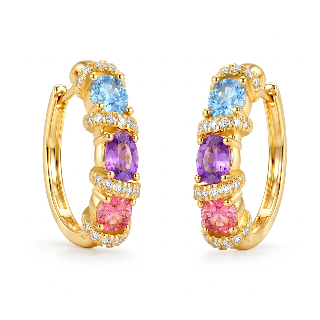 1.62 ct.tw. Macaron-colored Gemstone Diamond-encrusted Gold Hoop Earrings