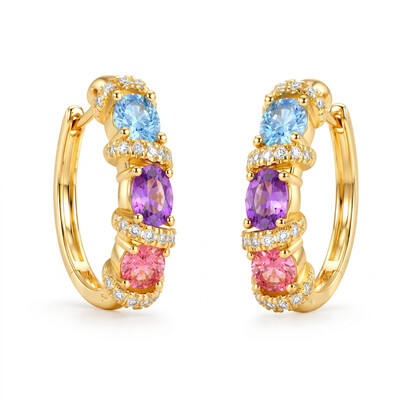 1.62 ct.tw. Macaron-colored Gemstone Diamond-encrusted Gold Hoop Earrings