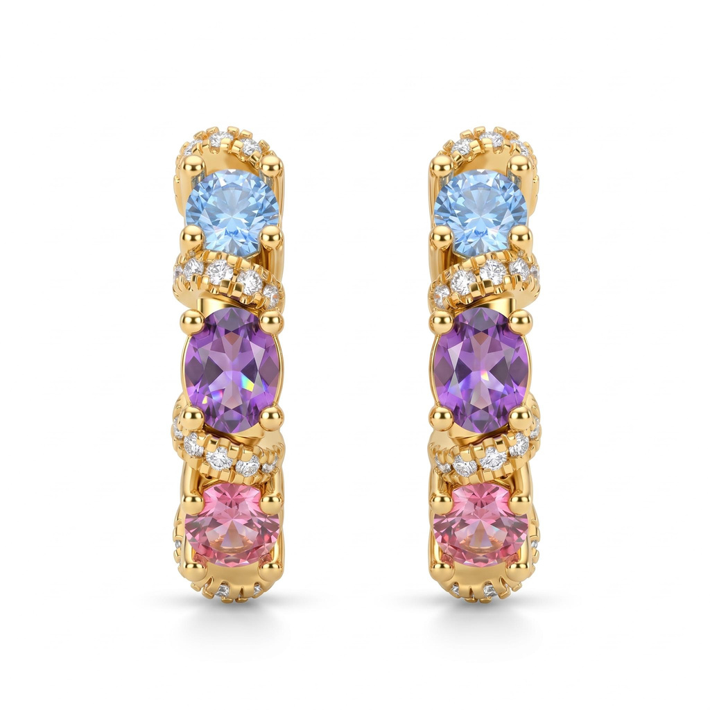 1.62 ct.tw. Macaron-colored Gemstone Diamond-encrusted Gold Hoop Earrings