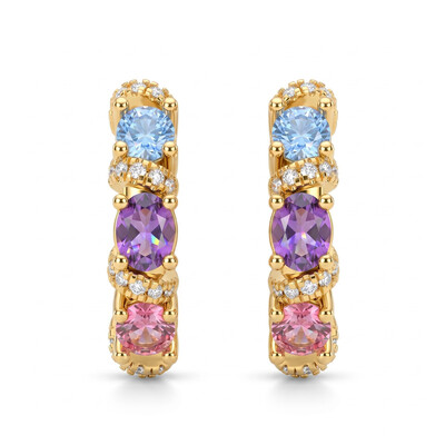 1.62 ct.tw. Macaron-colored Gemstone Diamond-encrusted Gold Hoop Earrings