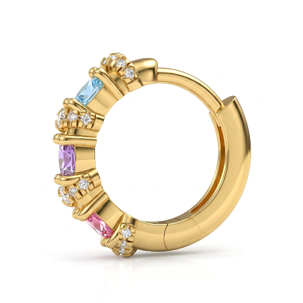 1.62 ct.tw. Macaron-colored Gemstone Diamond-encrusted Gold Hoop Earrings