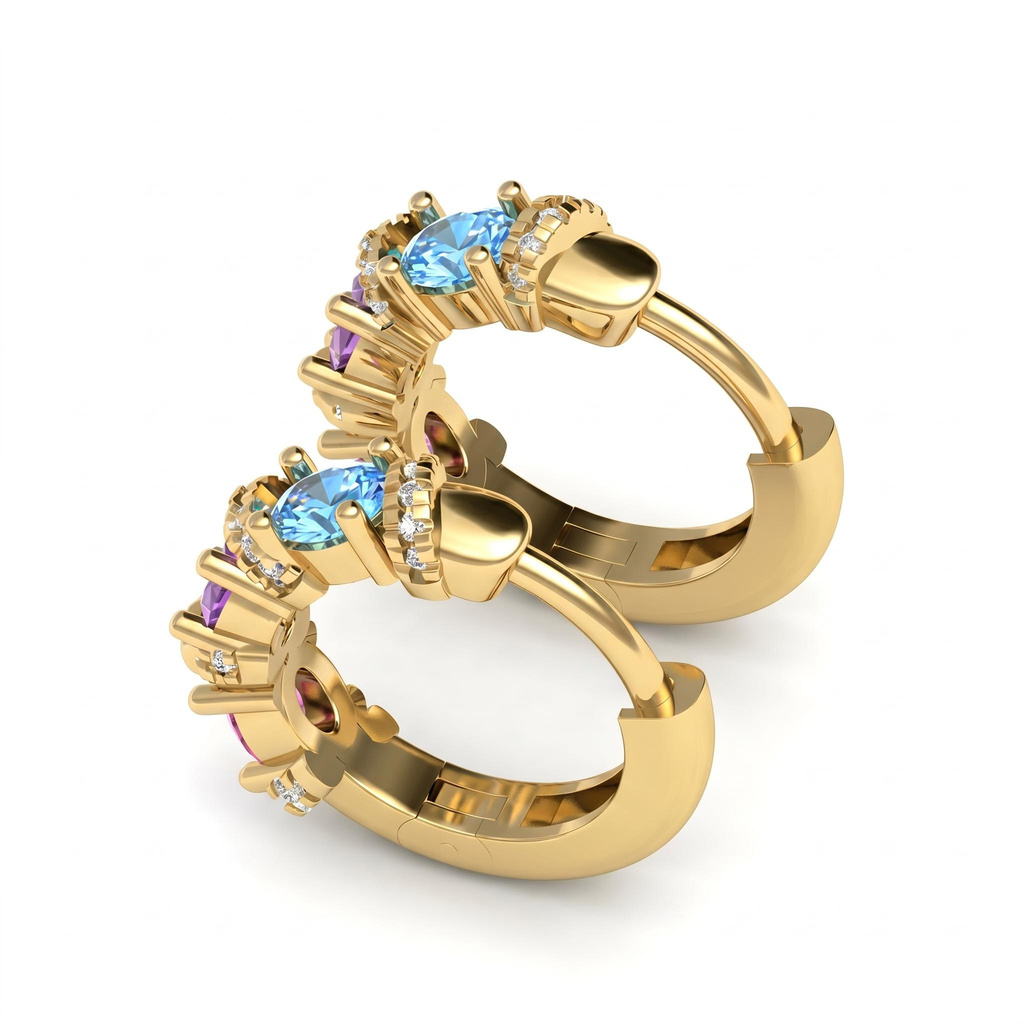 1.62 ct.tw. Macaron-colored Gemstone Diamond-encrusted Gold Hoop Earrings