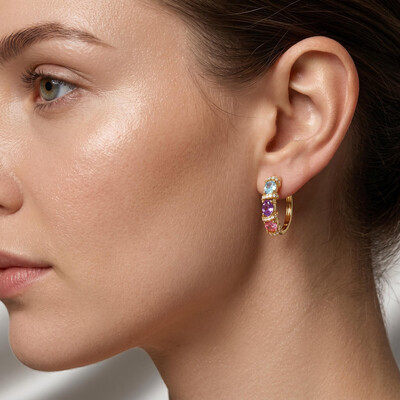 1.62 ct.tw. Macaron-colored Gemstone Diamond-encrusted Gold Hoop Earrings