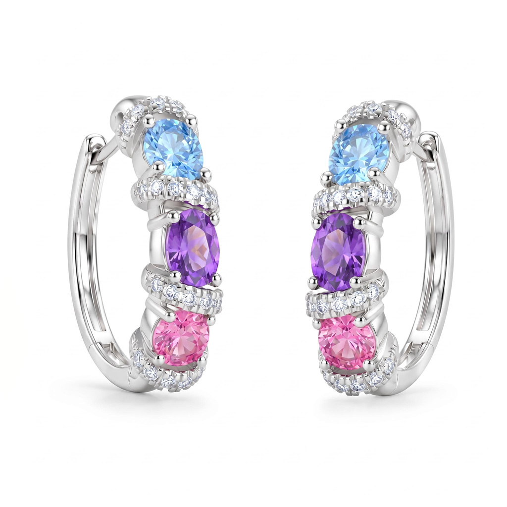 1.62 ct.tw. Macaron-colored Gemstone Diamond-encrusted Gold Hoop Earrings