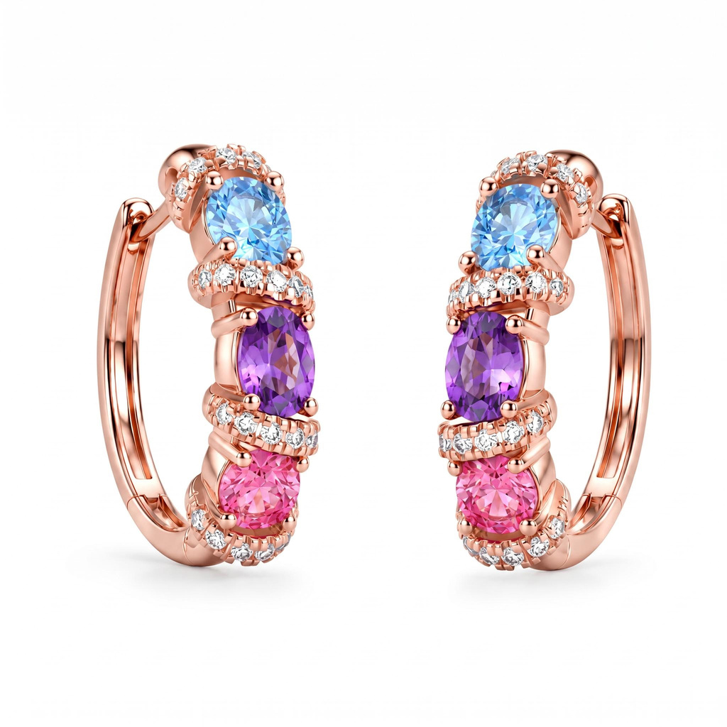 1.62 ct.tw. Macaron-colored Gemstone Diamond-encrusted Gold Hoop Earrings