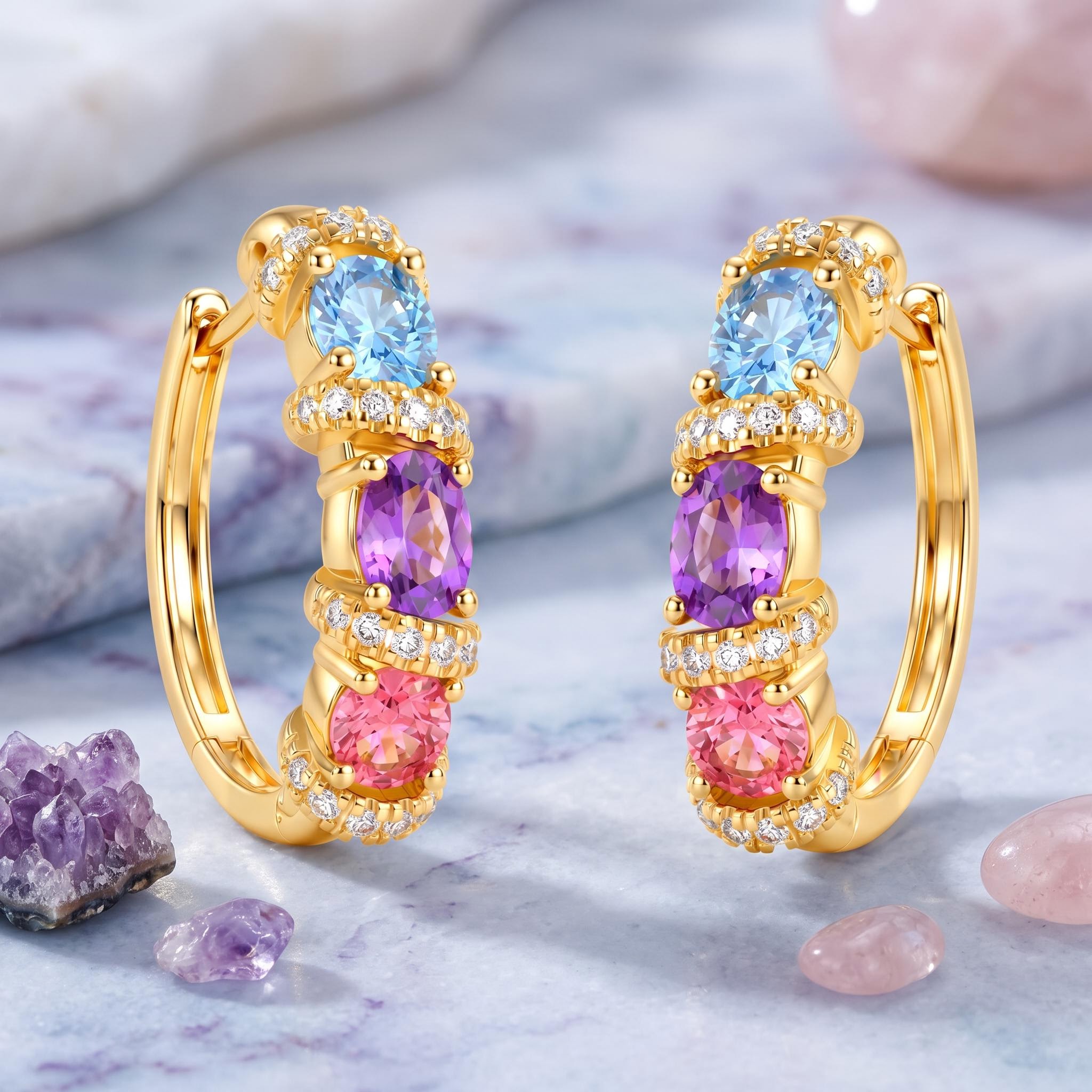 1.62 ct.tw. Macaron-colored Gemstone Diamond-encrusted Gold Hoop Earrings 1.62 ct.tw. Macaron-colored Gemstone Diamond-encrusted Gold Hoop Earrings
