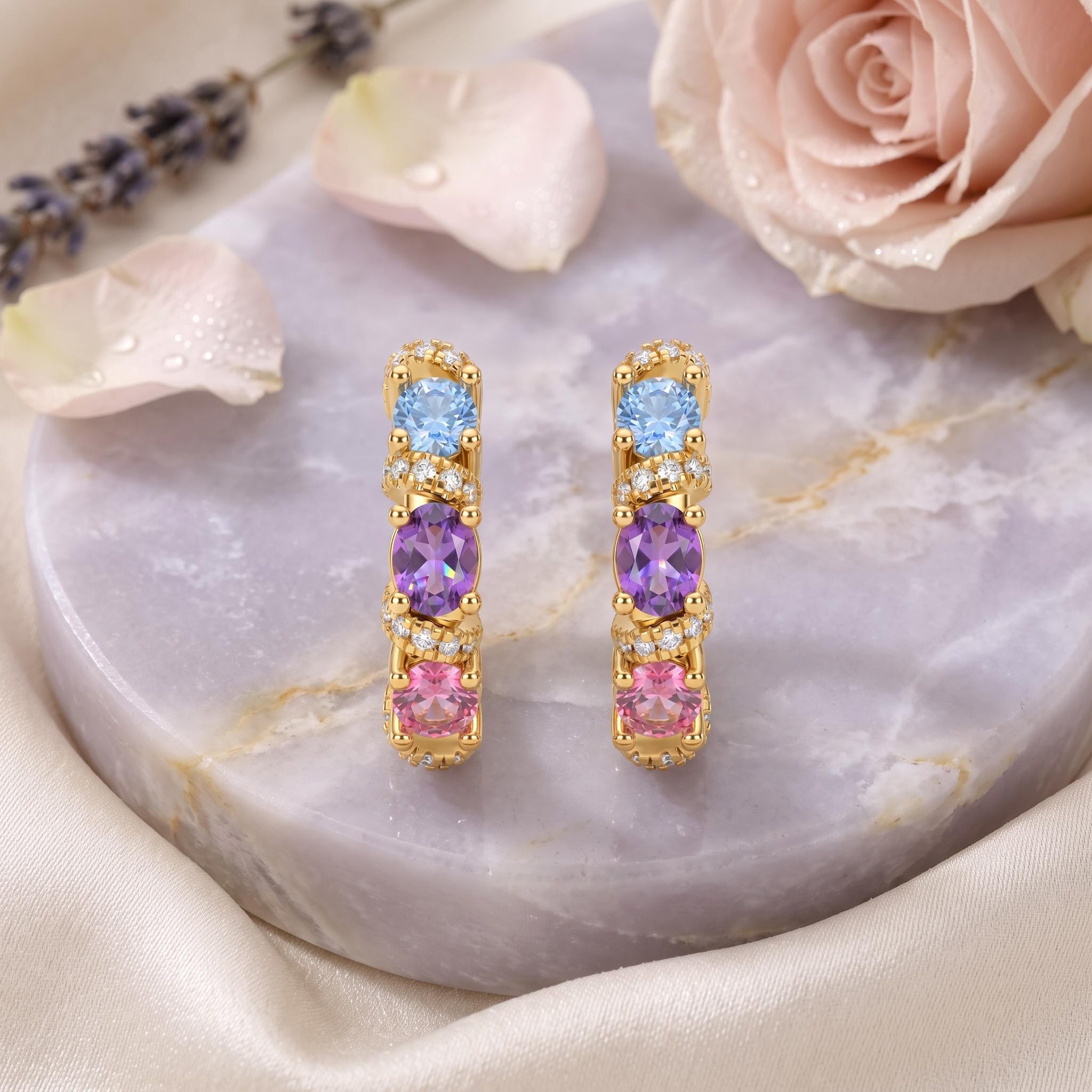 1.62 ct.tw. Macaron-colored Gemstone Diamond-encrusted Gold Hoop Earrings 1.62 ct.tw. Macaron-colored Gemstone Diamond-encrusted Gold Hoop Earrings