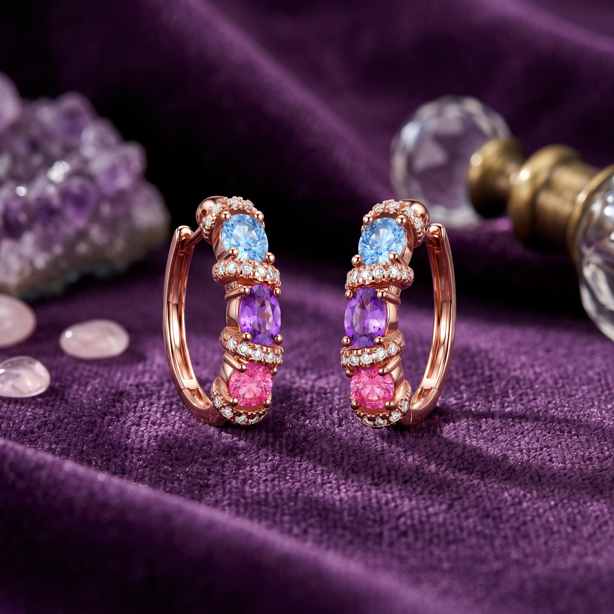 1.62 ct.tw. Macaron-colored Gemstone Diamond-encrusted Gold Hoop Earrings 1.62 ct.tw. Macaron-colored Gemstone Diamond-encrusted Gold Hoop Earrings