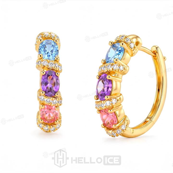 1.62 ct.tw. Macaron-colored Gemstone Diamond-encrusted Gold Hoop Earrings 1.62 ct.tw. Macaron-colored Gemstone Diamond-encrusted Gold Hoop Earrings