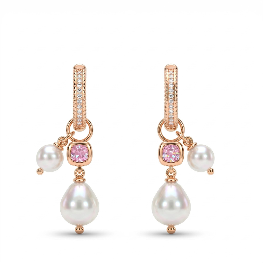 1.72 ct.tw. Full Diamond Vertical Circle Pink Square Diamond Double Pearl Earrings