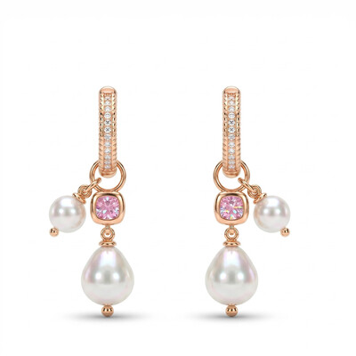 1.72 ct.tw. Full Diamond Vertical Circle Pink Square Diamond Double Pearl Earrings