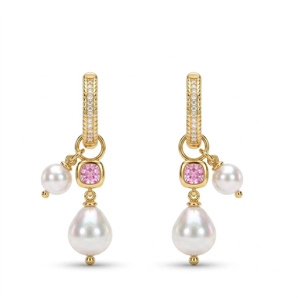 1.72 ct.tw. Full Diamond Vertical Circle Pink Square Diamond Double Pearl Earrings