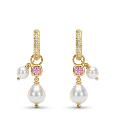 1.72 ct.tw. Full Diamond Vertical Circle Pink Square Diamond Double Pearl Earrings