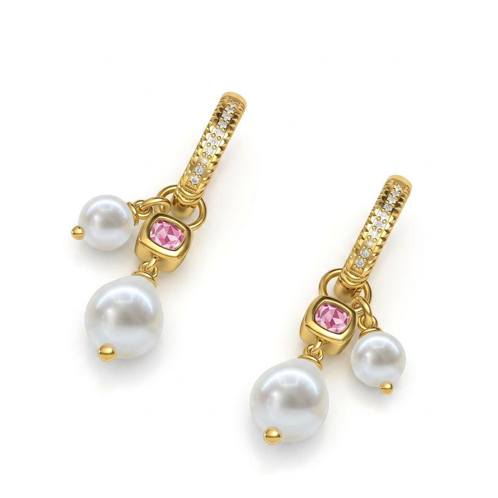 1.72 ct.tw. Full Diamond Vertical Circle Pink Square Diamond Double Pearl Earrings
