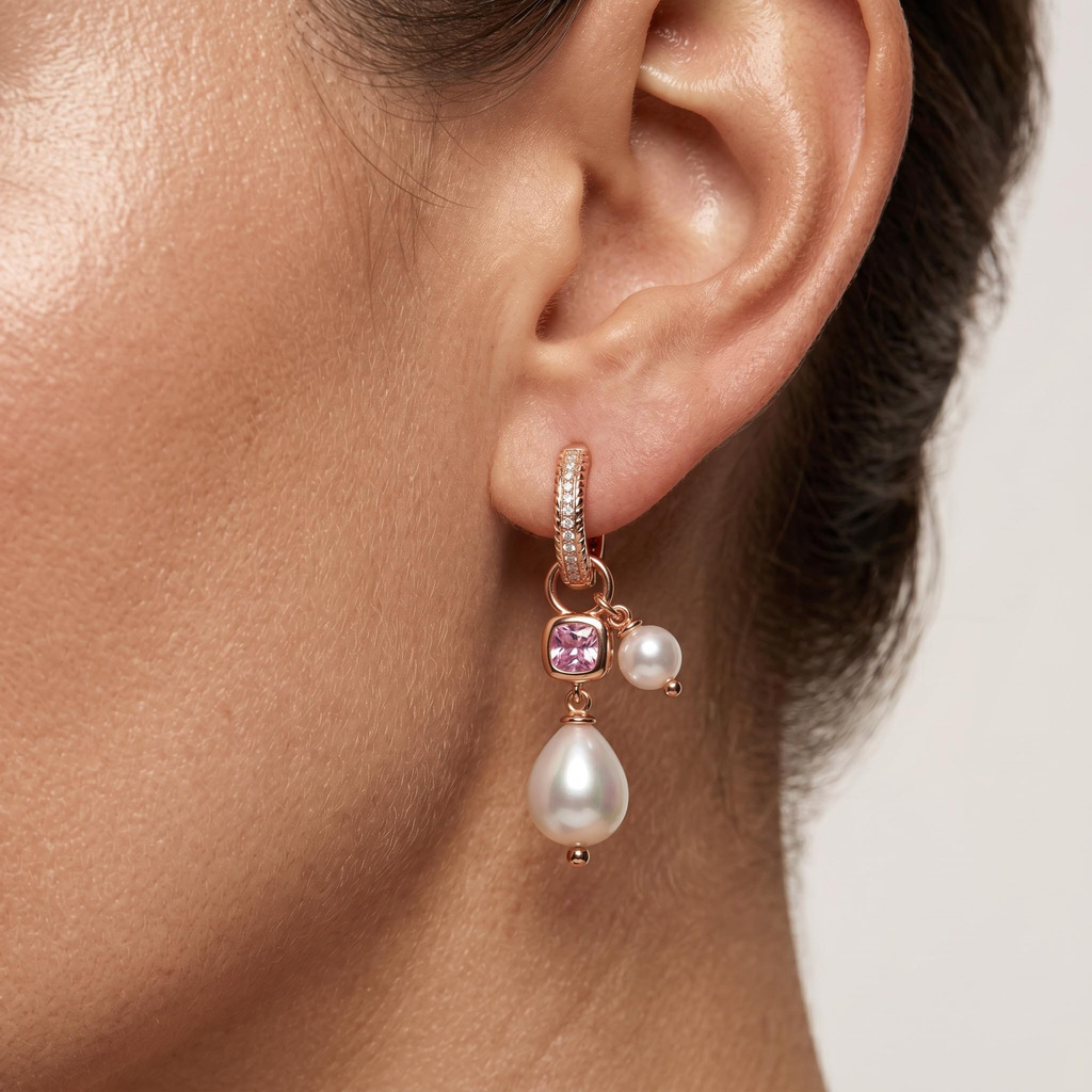 1.72 ct.tw. Full Diamond Vertical Circle Pink Square Diamond Double Pearl Earrings