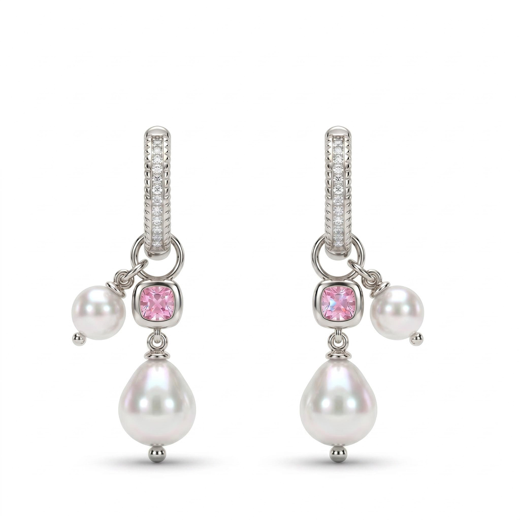 1.72 ct.tw. Full Diamond Vertical Circle Pink Square Diamond Double Pearl Earrings