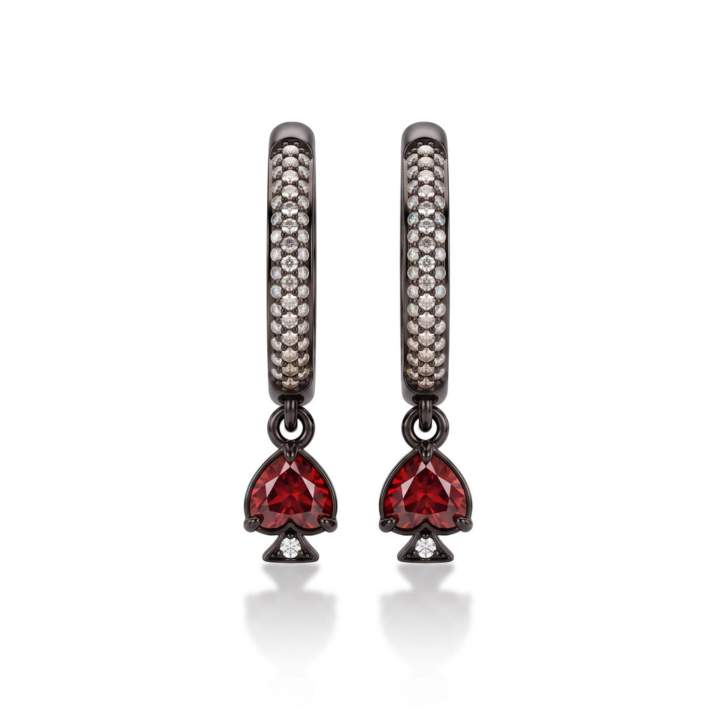 1.4 ct.tw. Dark Poker Suit Red Heart Drop Hoop Earrings 1.4 ct.tw. Dark Poker Suit Red Heart Drop Hoop Earrings