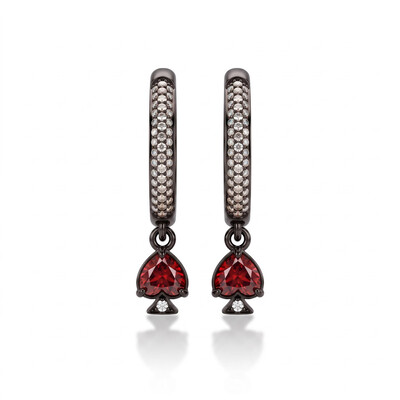 1.4 ct.tw. Dark Poker Suit Red Heart Drop Hoop Earrings