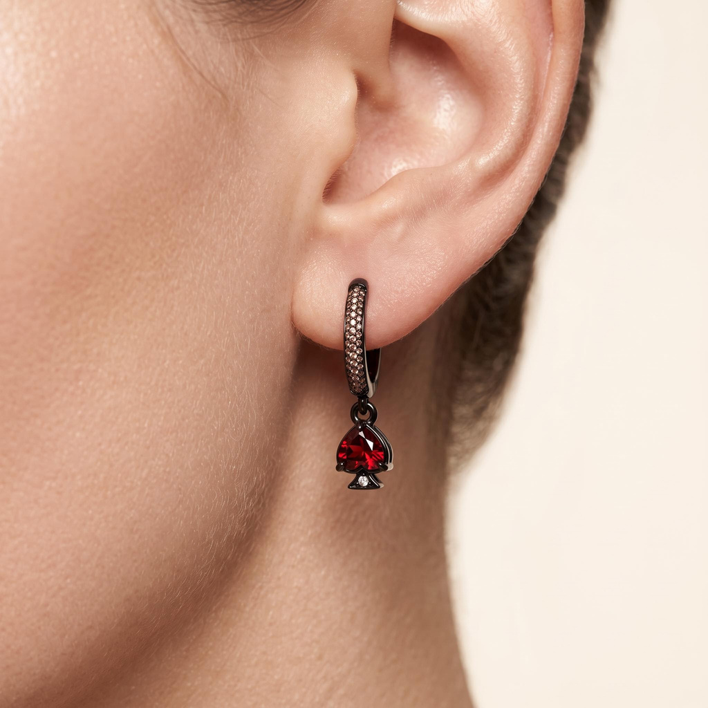 1.4 ct.tw. Dark Poker Suit Red Heart Drop Hoop Earrings 1.4 ct.tw. Dark Poker Suit Red Heart Drop Hoop Earrings